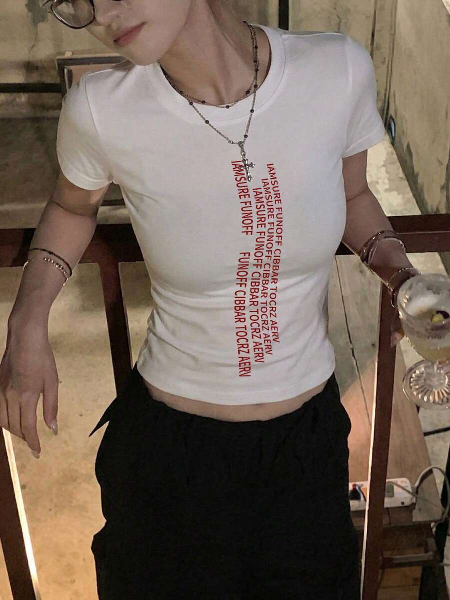 女士圆领短袖T恤，美式风格，夏季新款字母印花，时尚百搭修身露脐上衣 - 白色 - 查看 1