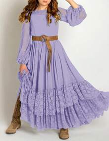 2026 Girls Elegant Lace Flower Boho Dress Long Sleeve Backless Square Neck Ruffle Party Maxi Dress - 11 紫色 - 查看 2