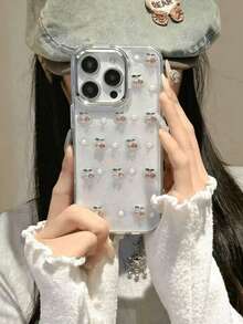 1pc Pink Cherry Pearl Transparent Phone Case, Compatible With IPhone 16 Pro Max, 17 Pro Max/15/14/13/12/11/16E, Anti-Drop Phone Protective Cover - Pink Cherry - View 2