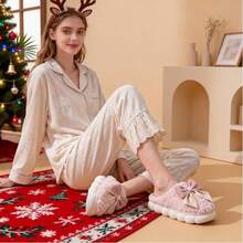 女士保暖防滑软底厚底绒面室内拖鞋，秋冬季 - 蝴蝶結+粉紅色 - 查看 2