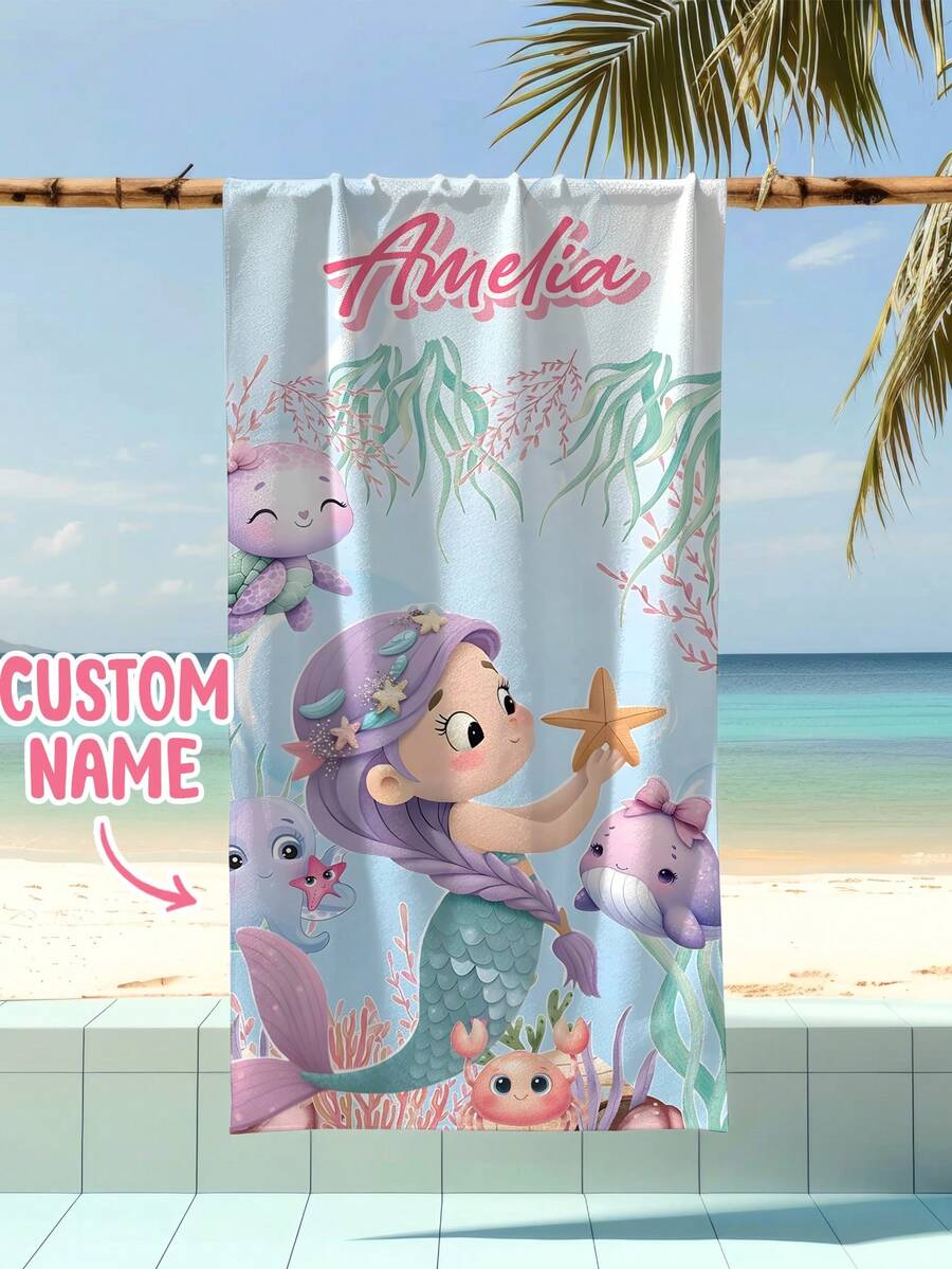Personalized Children's Beach Towel, Perfect Summer Birthday Gift, Suitable For Various Summer Occasions. Customizable Beach Towel And Accessories, Applicable For Beach, Swimming Pool, Travel, Camping, Yoga And Other Scenarios. - Multicolor - View 1