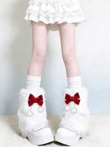 1 Pair Sweet Wine Red Bow & White Fuzzy Leg Warmers (May Have Slight Shedding) - Multicolor - View 1