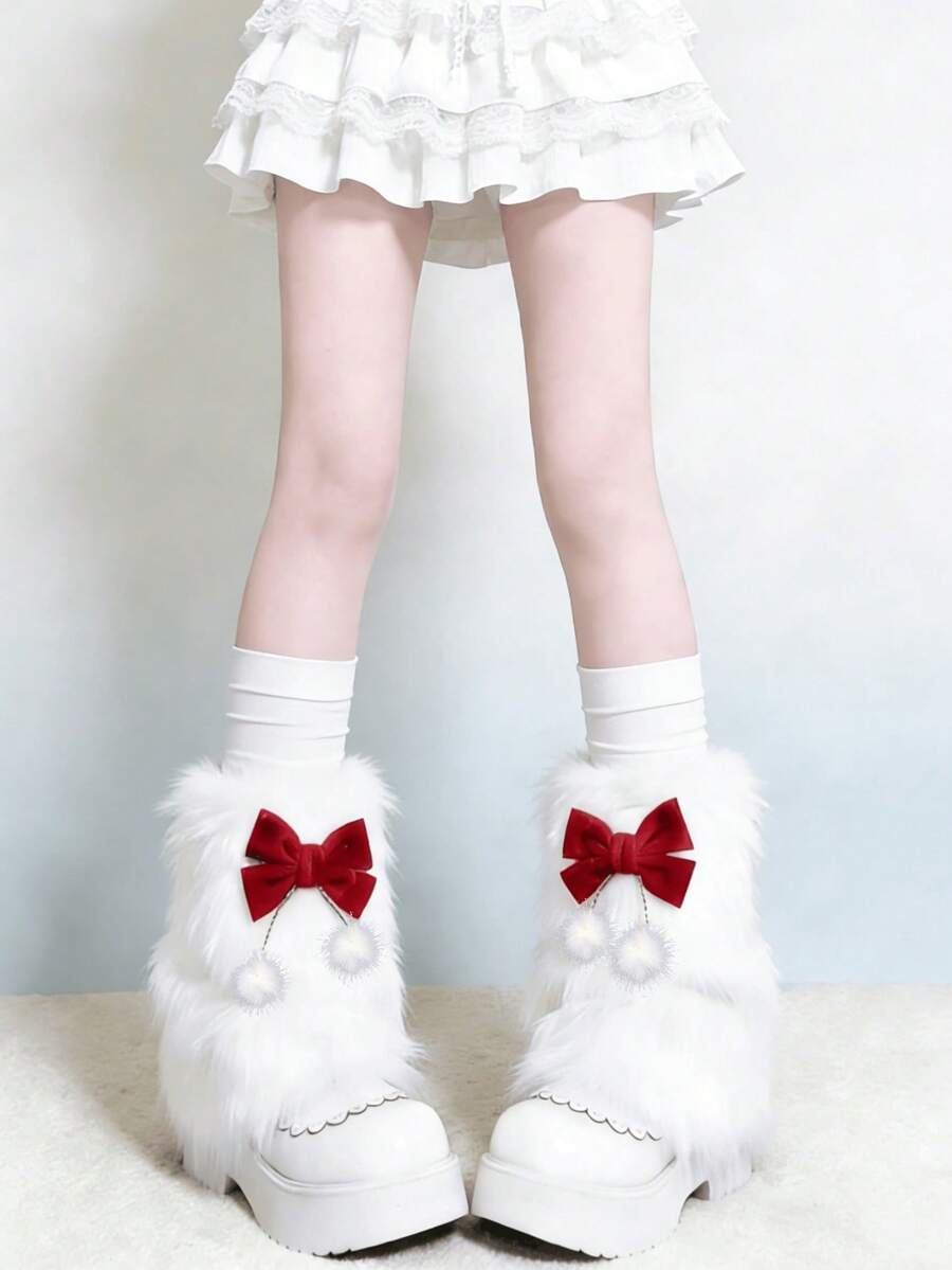 1 Pair Sweet Wine Red Bow & White Fuzzy Leg Warmers (May Have Slight Shedding) - Multicolor - View 1