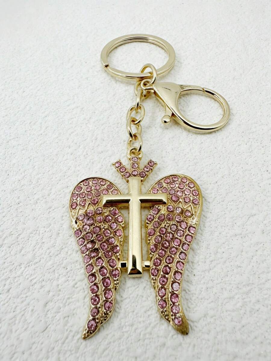 1个金属钥匙扣，带水钻翅膀十字架吊坠，可作汽车钥匙链和包包配饰 - 多色 - 查看 1
