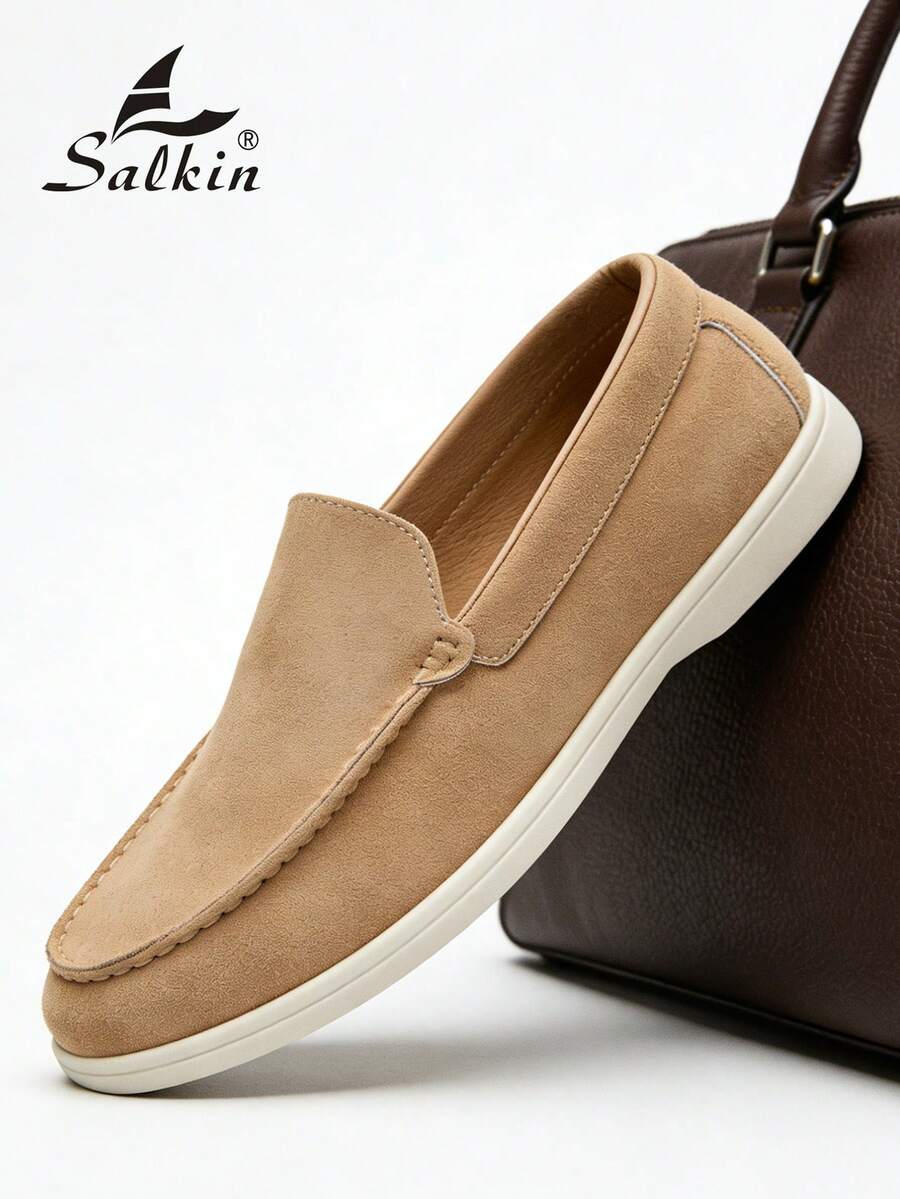 设计师时尚男士莫卡辛鞋，纯色绒面单脚套脚乐福鞋，男士真皮鞋，绅士商务社交鞋，男士日常办公派对婚礼鞋，情侣约会鞋，浪漫晚餐鞋，节日礼物鞋，返校学生休闲鞋，学院风，请选择大一码的尺码。 - 卡其色 - 查看 1