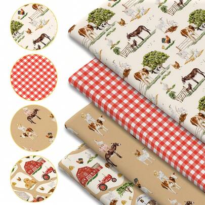 1pc Farm Life Print Quilting Fabric - 59 X 19.68 Inches (150 X 50 Cm) Pre-Cut Polyester Fabric With Farm Animals, Red Checkered, Farm Tools, Trees And Fences Pastoral Scenes Patterns - Suitable For DIY Sewing, Scrapbooking, Tablecloths And Crafts