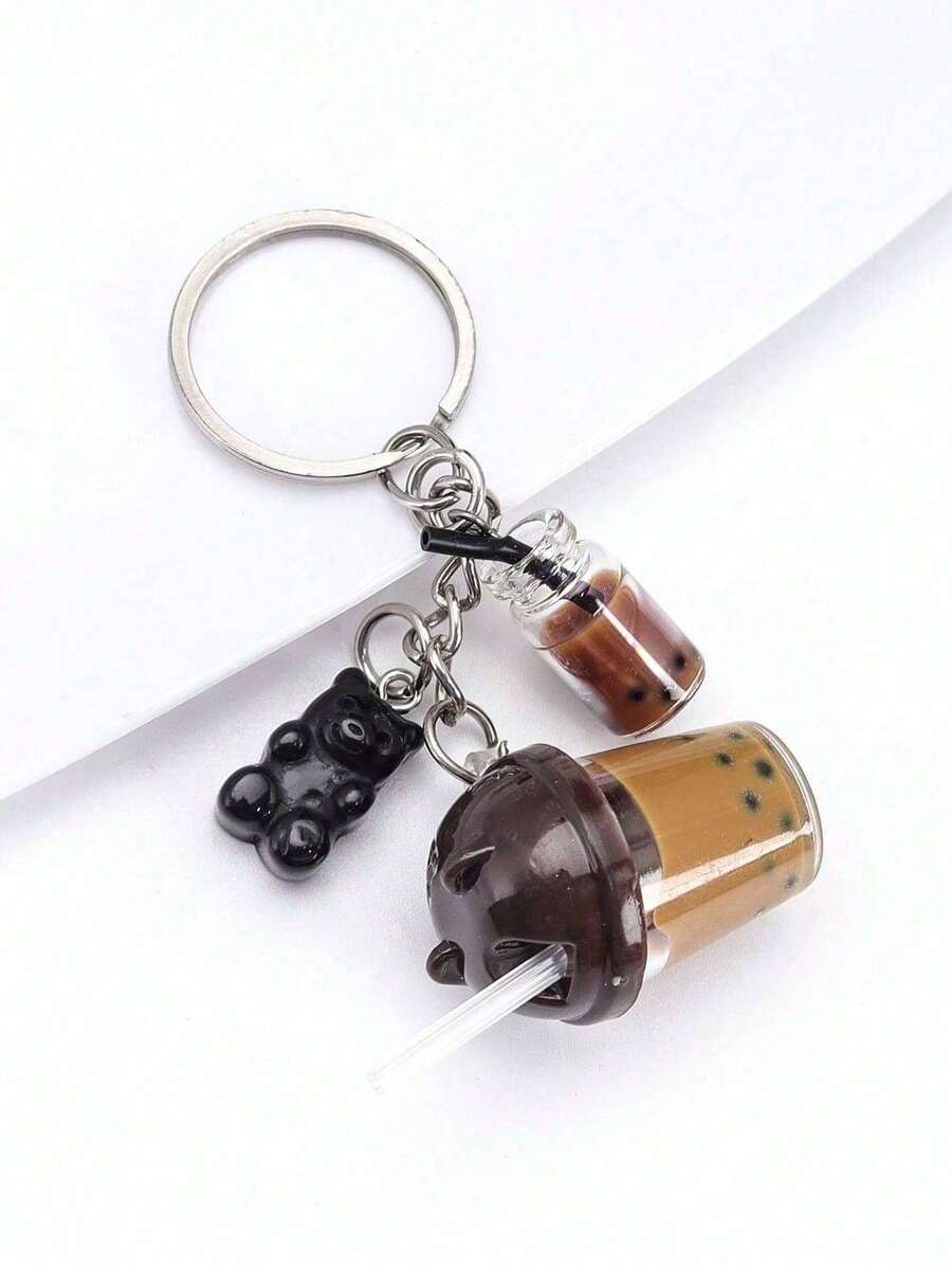 1pc Plastic Cat Head Pearl Milk Tea Cup Keychain - Multicolor - View 1