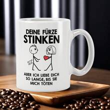 趣味德语短语马克杯 - “放屁真臭”（Die Furz Stinken），卡通人物设计，325毫升陶瓷咖啡杯，送给亲朋好友的趣味礼物，仅限手洗 - 白色 - 查看 7