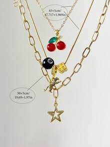 3pcs Leopard & Cherry Necklace Set, 8-BaII Billiard Dice Charm Necklace, Red Cherry Necklace, Fashionable Star Necklace, Classic Leopard Necklace - Vàng - Xem 10