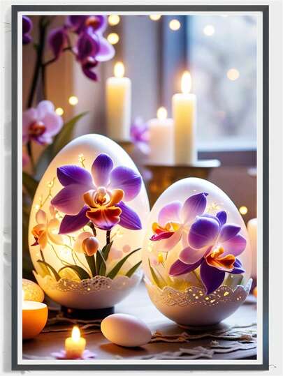 一套钻石画套装 - 全钻圆形画布艺术画，复活节花卉和彩蛋图案艺术画，DIY工艺品，是家居装饰和节日礼物的理想之选