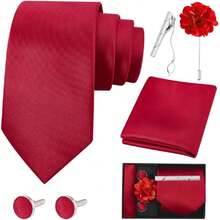 Men's Satin Ties, Slim Tie And Bow Tie Set For Gentlemen, High Quality Suit Accessory, 8CM Ties With Cufflinks And Box, Gift For Husband, Father, Friend, 42548346 - 玫紅色 - 查看 1