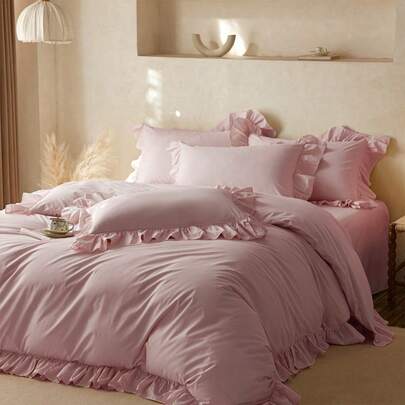 3pcs Soft Pink Floral Lace Bedding Set, 1 Duvet Cover & 2 Pillowcases, Comfortable & Soft Fabric, Multiple Colors Available, Suitable For Dorm, Simple & Fashionable Home Decor, Soft & Cozy Bedroom Bedding Set, Machine Washable Without Filling