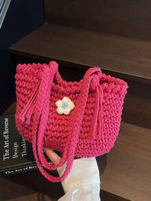 New Spring/Summer Small Floral Tassel Shoulder Bag, Hollow Straw Woven Bag, Women Beach Bag - Multicolor - View 9