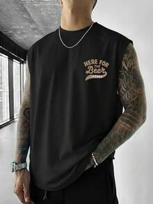 休闲街头风格 | 男士夏季无袖背心 | 卡通啤酒罐印花和“来喝啤酒”字样 - 黑色 - 查看 5