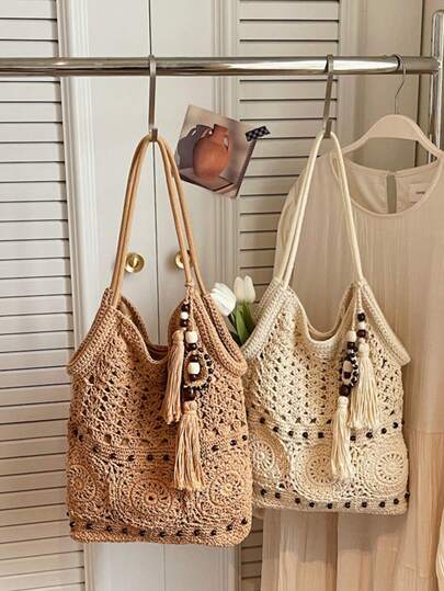 Versatile Women's Shoulder Bag, Fashionable Niche Knitted Bag, Bohemian Tassel Bag, Summer Beach Vacation Bag