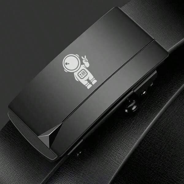 Astronaut Pattern Men's Black Automatic Buckle Belt Set, Automatic Buckle Logo Design, Fashion Business Style, Suitable For Husband/Boyfriend's Daily Commute And Office Wear, Can Be Paired With Jeans And Suits, Applicable For Business And Casual Occasions