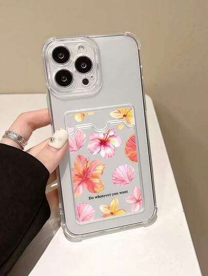 1个可爱花卉字母图案防震透明卡槽手机壳，兼容苹果17 Promax Pro Air / 三星Galaxy S26 S25 S24 S23 S22 Ultra / A12 A13 A14 A15 A16 A34 A35 A36 A53 A54 A55 A56 A04 A05 A06 A07