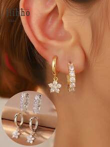 Hihho 2 Pairs Luxury Fashion Versatile Zirconia Flower Earrings Set, Elegant Sophisticated Jewelry Earrings Suitable For Daily, Work, Commute, Holidays, Travel - Earrings Set - View 6