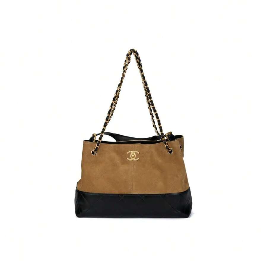 CHANEL 25A Métiers D'Art Brand Logo Leather-Threaded Chain Color-Blocked Suede  Shopping Bag With Gold Hardware, Small Women's Shoulder/Handbag, Beige/Black. - AS5634-B20827-U1536 - 查看 1