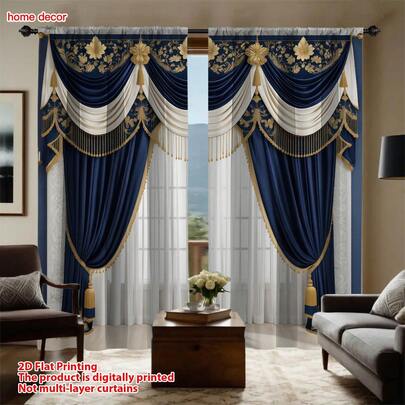 2pcs Luxury Style Curtains, Semi-Sheer Polyester Fabric, Gold Tassel Decor, Navy Blue Satin, Exquisite Carving, Rich Drape, Machine Washable, Rod Pocket Design, Suitable For Living Room Bedroom Study, Fashionable Theme, 120g/㎡