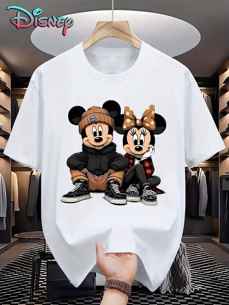 Disney Women's Casual White Cotton T-Shirt With Mickey & Minnie Mouse Graphic Print, Short Sleeve Round Neck Regular Fit Top - 白色 - 查看 1