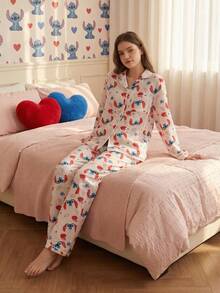 Disney Bộ đồ ngủ nữ 2 món gồm áo khoác cardigan in hình trái tim và quần dài tay xếp ly kiểu dáng thường ngày. - trắng - Xem 3