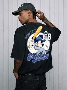 Disney Official Licensed Mouse Baseball "Perfect 28" Graphic T Shirts 100 Percent Cotton  Shirt Washed 230g Unisex - Black - View 1