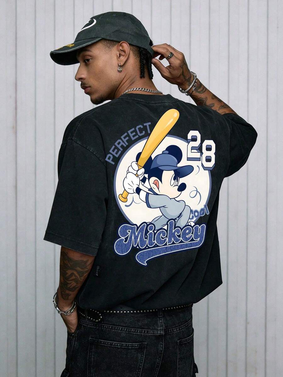 Disney Official Licensed Mouse Baseball "Perfect 28" Graphic T Shirts 100 Percent Cotton  Shirt Washed 230g Unisex - Black - View 1