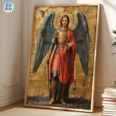 一幅天使米迦勒的拜占庭希腊东正教艺术画作，色彩丰富，细节精美，翅膀和盔甲栩栩如生，帆布印刷海报，现代墙面艺术装饰画，适用于咖啡馆、家庭、卧室、客厅、厨房、浴室、办公室、家居装饰、房屋装饰、卧室装饰、墙面装饰，是馈赠亲友的理想之选。