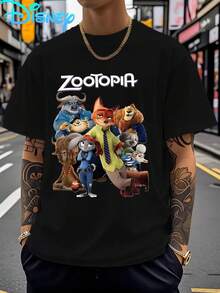 Disney Has Authorized A Men's T-Shirt, Disney's Zootopia 2 Pattern Men's Short-Sleeved T-Shirt, Round Neck Casual And Comfortable T-Shirt, Breathable And Light, Suitable For Sports And Leisure Wear, Loose T-Shirt, Suitable For Gifts, Suitable For Travel And Parties. - 黑色 - 查看 1
