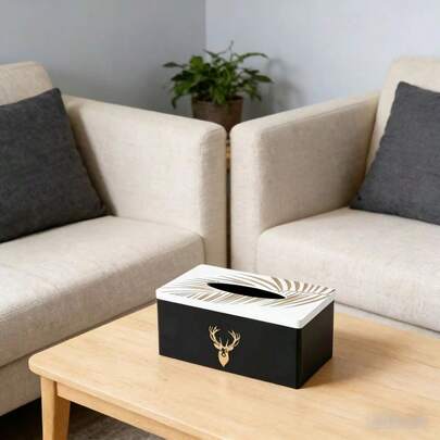 Wooden Tissue Box, Rectangular Napkin Dispenser With Rounded Corners, Suitable For Home, Vanity, Office, Bathroom, Black & White