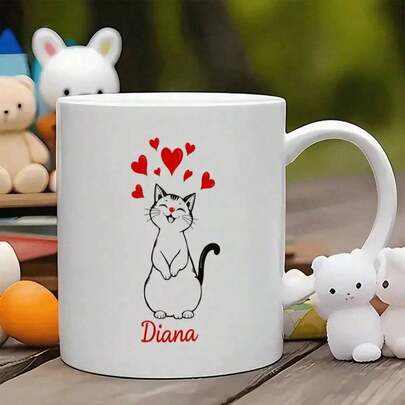 1 pieza Taza de cerámica con el nombre Diana y diseño de corazón - Taza de café blanca de 11 onzas con diseño de gato negro moteado y corazón rosa, apta para lavavajillas, con el nombre Diana