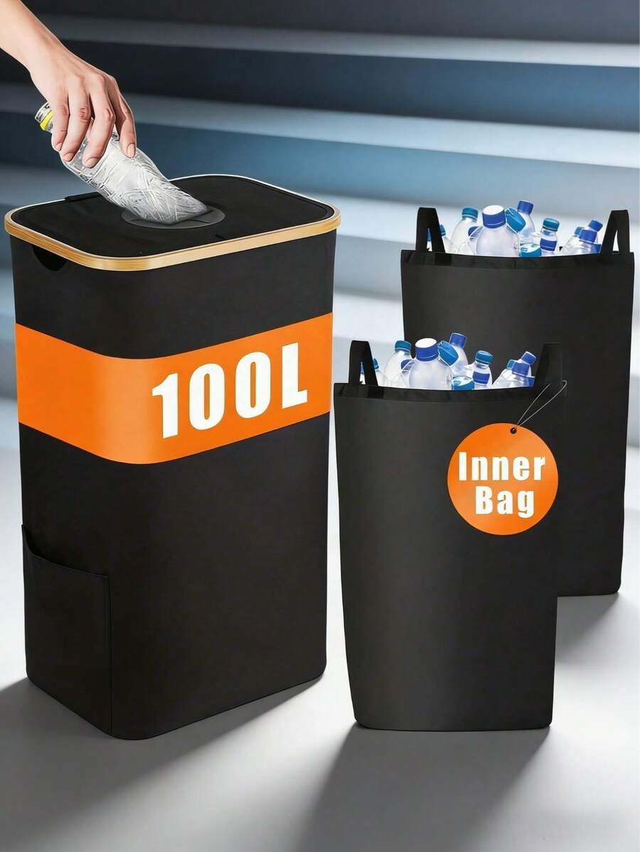 1pc 100L Large Capacity Indoor Recycling Bin With 2 Inner Bags, Suitable For Garbage, Laundry, Kitchen, Bedroom, Office, For Clothes, Bottles, Excellent Holiday Gift, Detachable & Foldable Design For Easy Sorting