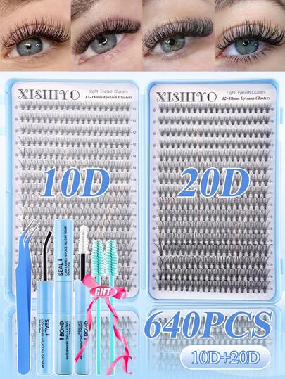 640/544pcs 2-In-1 Fake Lashes With Adhesive Kit, Tweezers, Mascara Wands, DIY Makeup Beauty, Beginner Friendly Fake Eyelash Extensions And Glue, Eyelash Brush Set, Fluffy Thick To Enlarge Eyes, Easy To Use, Portable Segmented Lash Clusters, Large Capacity Eyelash Book Suitable For Daily/Manga/Cosplay/Classic/Cat Eyes/Fox Eyes/Soft Girl/Light/Heavy Makeup