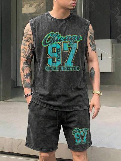 简约复古深色男士水洗做旧背心短裤套装