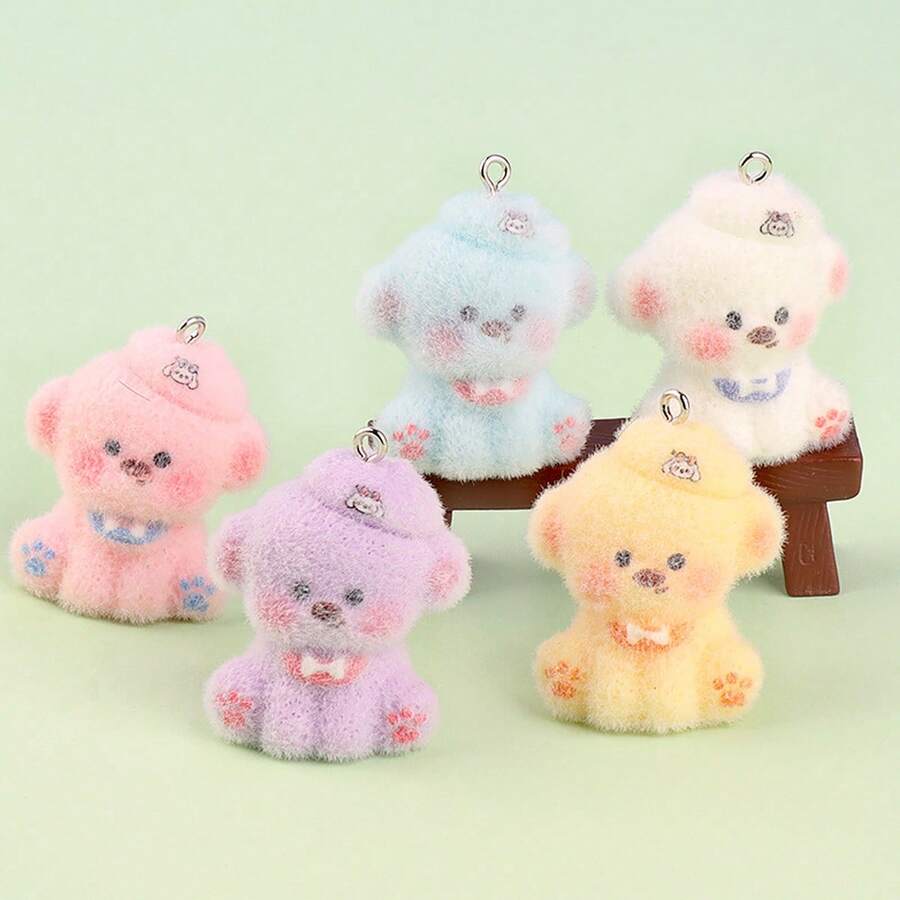 5个植绒3D可爱小狗树脂配件卡通钥匙扣DIY手工饰品吊坠 - 彩色 - 查看 1