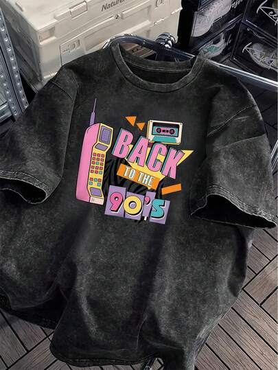Camiseta vintage de los 90, estilo Y2K con estampado suelto de manga corta de ladrillo, teléfono y cinta de casete en colores, camiseta casual retro de mujer, camiseta de algodón lavado negro