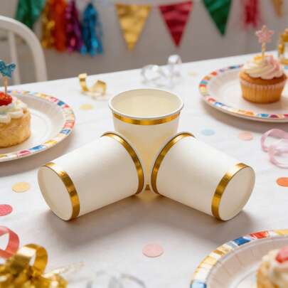 10/20/50 pièces Gobelets en papier élégants avec bordure dorée, convenant aux boissons chaudes/froides, résistants à l'huile et durables. Idéaux pour les anniversaires, mariages, enterrements de vie de jeune fille, remises de diplômes, Pâques et plus encore.