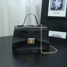 时尚休闲鳄鱼纹压花手提包，链条单肩斜挎方形包 - 黑色 - 查看 1