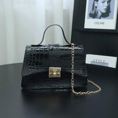 时尚休闲鳄鱼纹压花手提包，链条单肩斜挎方形包