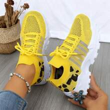 Lightweight Mesh Leopard Print Sneakers Lace-Up Style With Cushioned Sole Flexible & Comfortable Ideal For Gym Workouts Walking And Casual Daily Wear. - Upgrade Yellow - View 2
