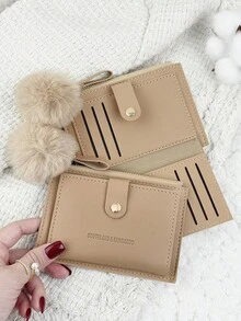 SOUTHLAND&KANGAROO Ví gập nhỏ gọn trang trí bằng lông giả, ví đựng tiền xu, thẻ, chìa khóa kiểu dáng tối giản, nhẹ nhàng dành cho nữ, món quà sinh nhật, Giáng sinh, kỷ niệm dễ thương dành cho phái nữ. - Màu Khaki - Xem 5