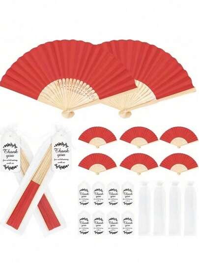 15件套红色折叠纸扇礼盒套装，婚礼扇子套装，包含5把扇子、5张感谢卡和5个欧根纱袋。趣味DIY扇子套装，适用于婚礼、新娘送礼会、生日、伴手礼、单身派对、户外装饰、派对用品、节日和演出。