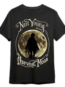 Camiseta de Hombre con la Portada del Álbum "Harvest Moon" de Neil Young - Camiseta de Manga Corta con Temática Musical Vintage, Estampado de Silueta de Luna Llena, Diseño de Neil Young con Guitarra, Estilo Country Rock, Cuello Redondo, Estilo Casual, Disponible en Tallas para Adultos y Adolescentes. - Negro - Ver 1