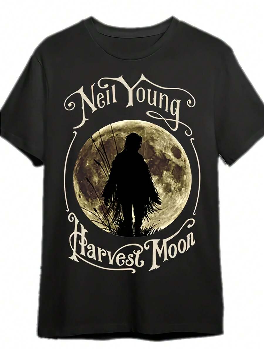Camiseta de Hombre con la Portada del Álbum "Harvest Moon" de Neil Young - Camiseta de Manga Corta con Temática Musical Vintage, Estampado de Silueta de Luna Llena, Diseño de Neil Young con Guitarra, Estilo Country Rock, Cuello Redondo, Estilo Casual, Disponible en Tallas para Adultos y Adolescentes. - Negro - Ver 1