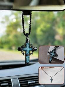 Gothic Style Christian Cross Pendant With Blue Embedded Thorny Wreath Car Hanging Ornament - Religious Faith Rearview Mirror Decor For Spiritual Protection - A - View 4