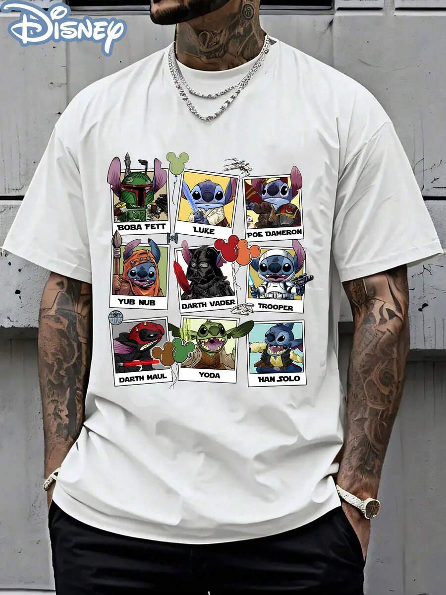 Disney Officially Licensed Graphic T Shirts 100 Percent Cotton Disney Shirt, Stitch 9-Panel T-Shirt, Unisex, 220g,  Print, Cartoon Graphic, Casual Top - 白色 - 查看 1