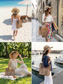 女士时尚豹纹遮阳帽和钩编网眼手提包套装，适合夏季海滩、邮轮、泳池派对、度假和旅行。宽帽檐，轻便，可折叠，透气，防紫外线 - 彩色 - 查看 2