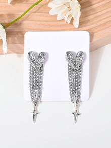 一对复古时尚简约心形锤纹链条流苏耳环，适合女性日常、派对、四季佩戴 - 彩色 - 查看 9