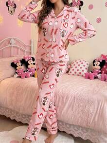 Disney Bộ đồ ngủ 2 món in họa tiết, tay dài, xếp ly, kiểu dáng thường ngày dành cho nữ, gồm áo và quần dài. - Hồng - Xem 6